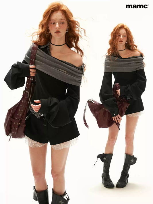 MAMC - Black Y2K Layered Plaid Off-Shoulder Sweatshirt
