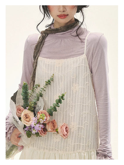 "Ivory Blossoms" Apricot Mist Beige Floral Pinafore Midi Dress
