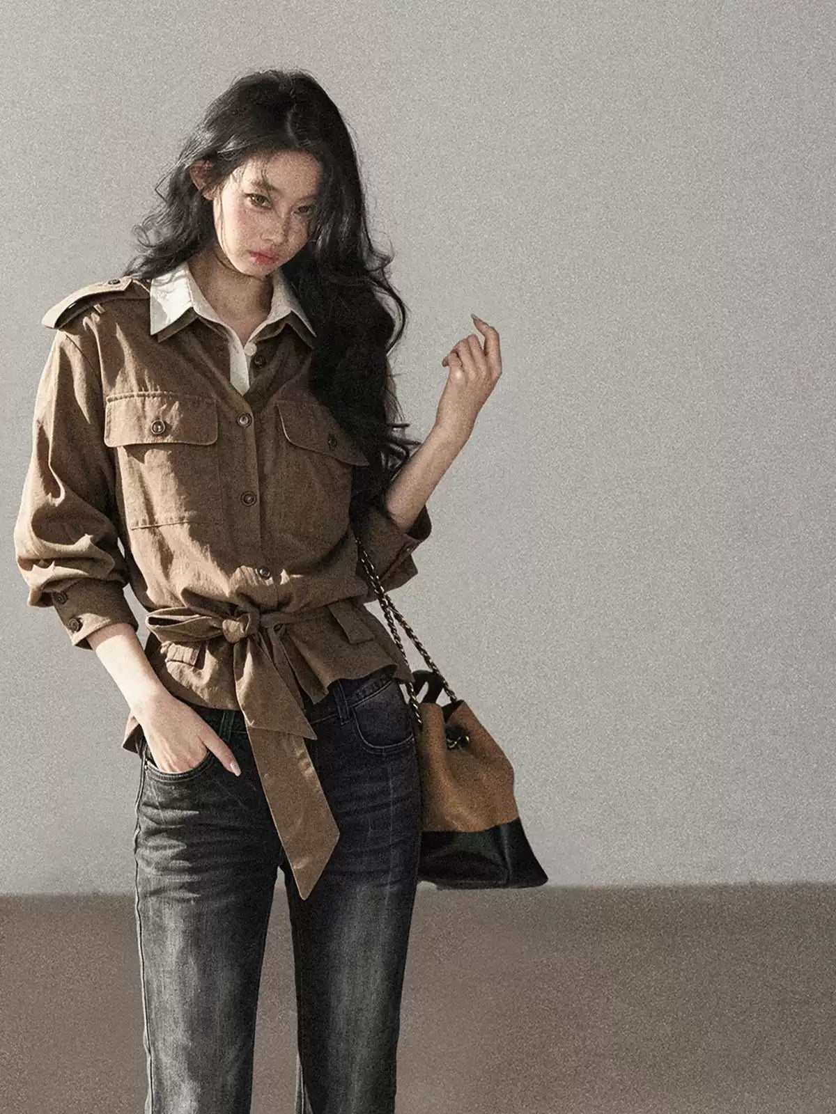 AOMALM - "The Final Chapter of an Old Dream" Roasted Pecan Brown Faux Two-Piece Linen Top with Belt