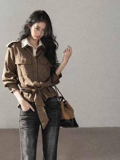 AOMALM - "The Final Chapter of an Old Dream" Roasted Pecan Brown Faux Two-Piece Linen Top with Belt
