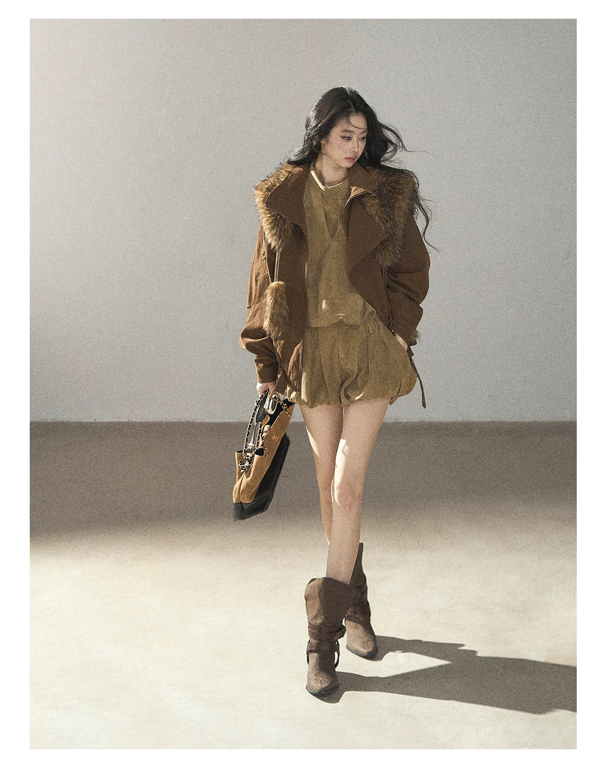 AOMALM - "The Veins of Leaves" Oatmeal French Faux Suede Top & Shorts Set