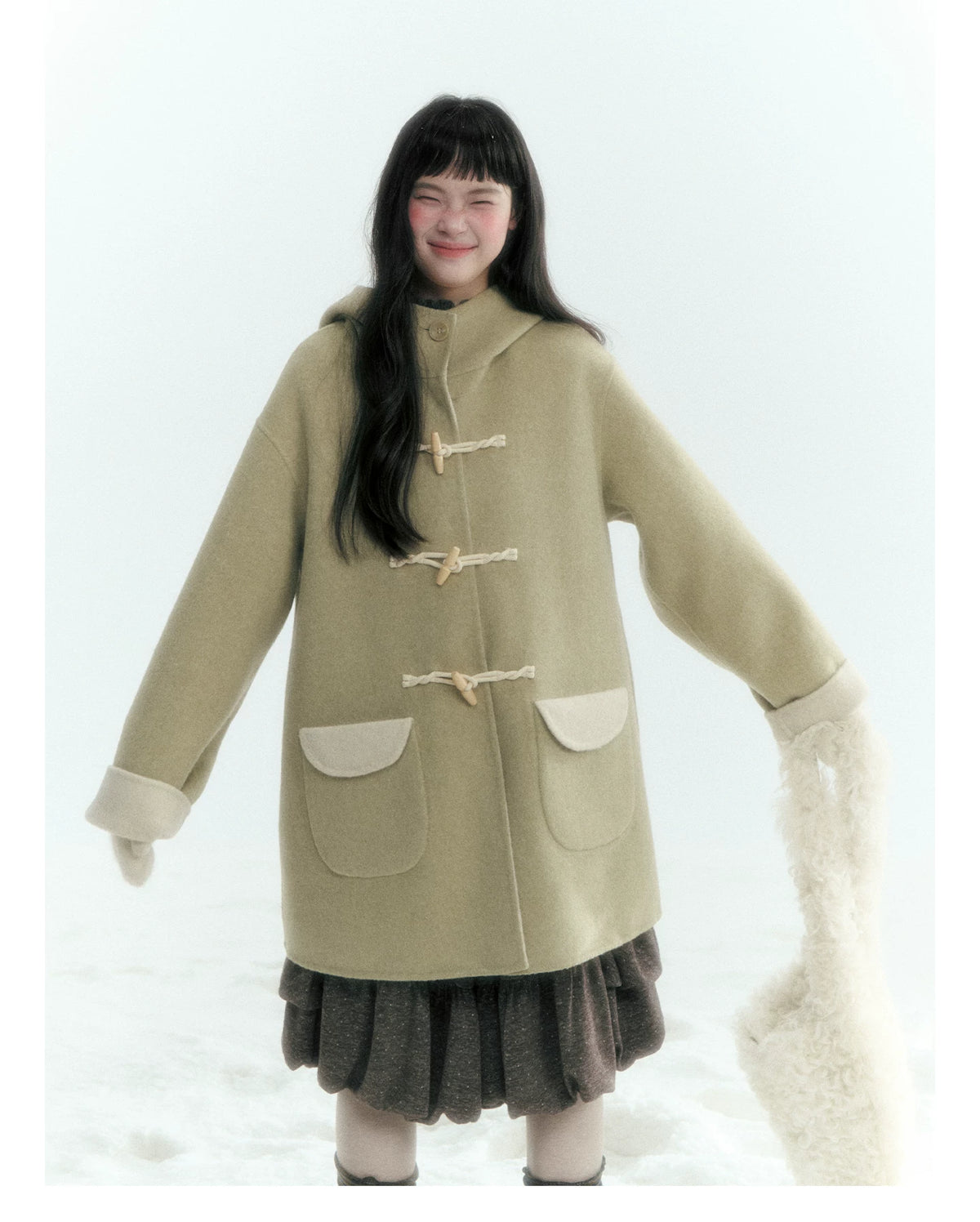 Horridale - Moss Green and Cream Reversible Hooded Wool Coat
