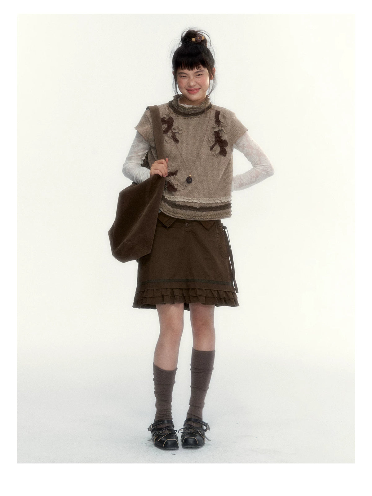 “Wild Caramel” Brown Washed Layered Ruffle Bow Pocket A-Line Skirt