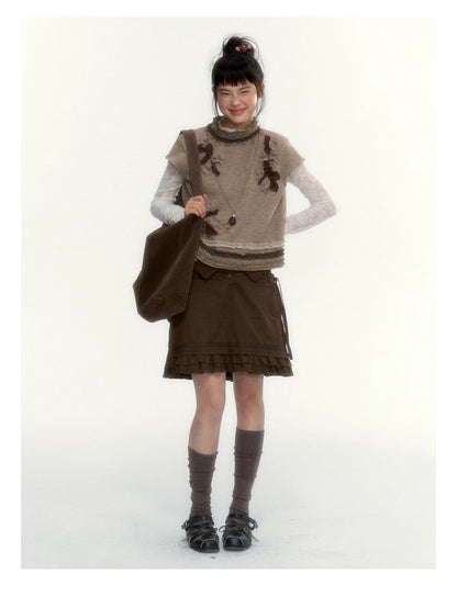 “Wild Caramel” Brown Washed Layered Ruffle Bow Pocket A-Line Skirt