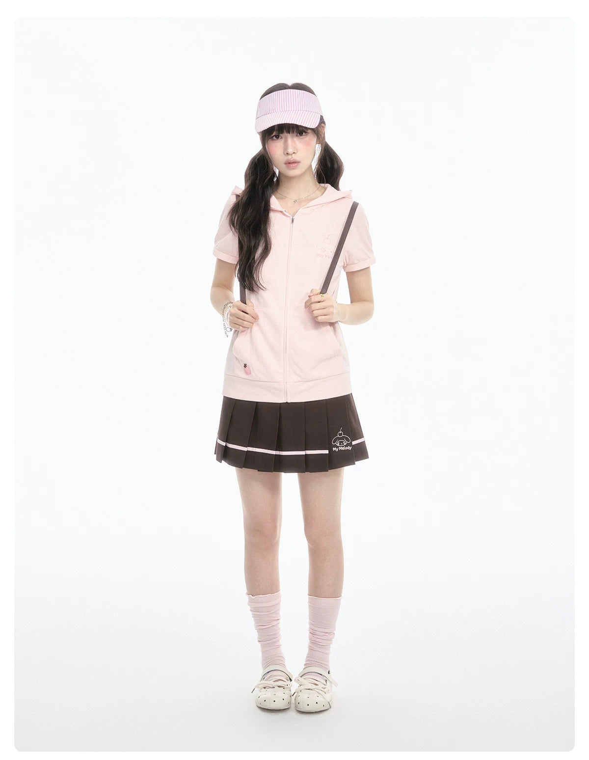 "Strawberry Daydream" Pink Hooded Zip-Up & Brown Skirt Set