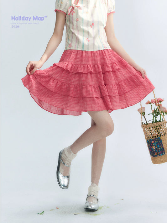 "Peach Blossom" Plum Pink Plaid Tiered A-Line Skirt