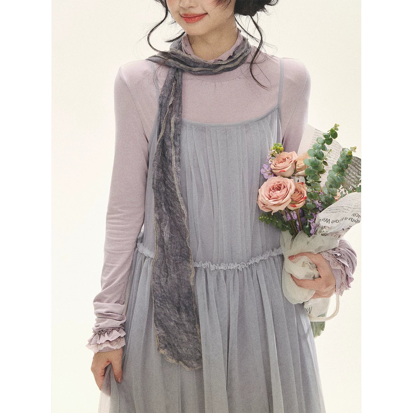"Morning Veil" Morning Mist Purple Tiered Mesh Slip Midi Dress