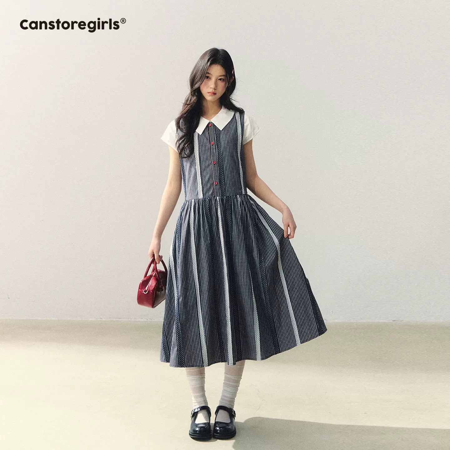 "Red Pulse in Monochrome" Plaid Sleeveless Dress with Red Button LL2026027