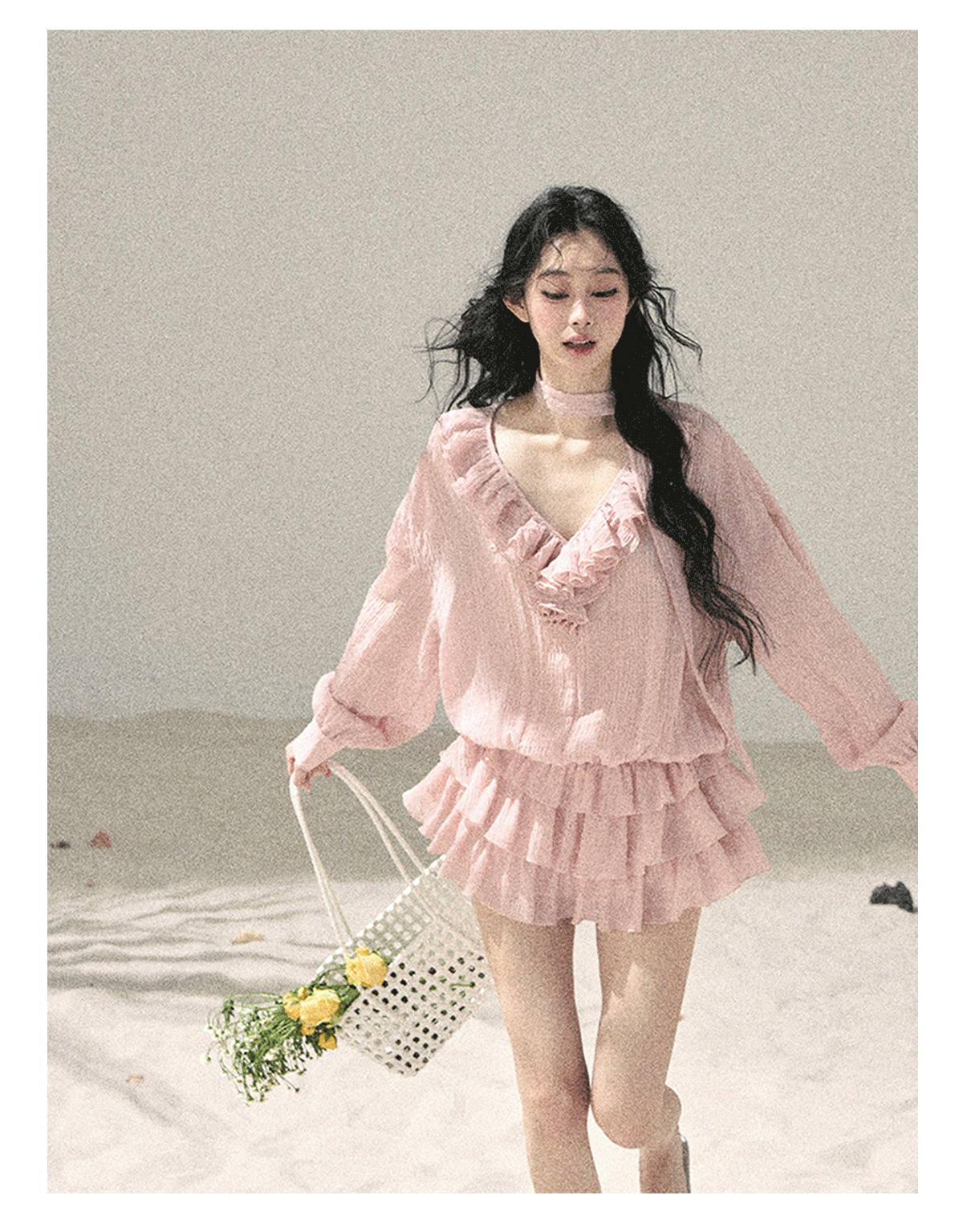 “Evening Breeze Skirt” Lotus Pink Tiered Chiffon Mini Dress with Scarf Tie & Shorts