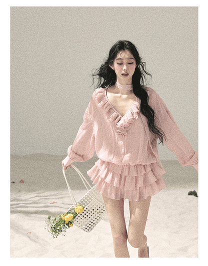 “Evening Breeze Skirt” Lotus Pink Tiered Chiffon Mini Dress with Scarf Tie & Shorts