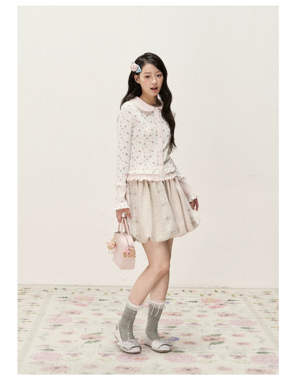 [RF] Vintage Floral Patchwork Knit Bubble Skirt in Blush Pink
