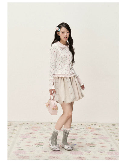 [RF] Vintage Floral Patchwork Knit Bubble Skirt in Blush Pink