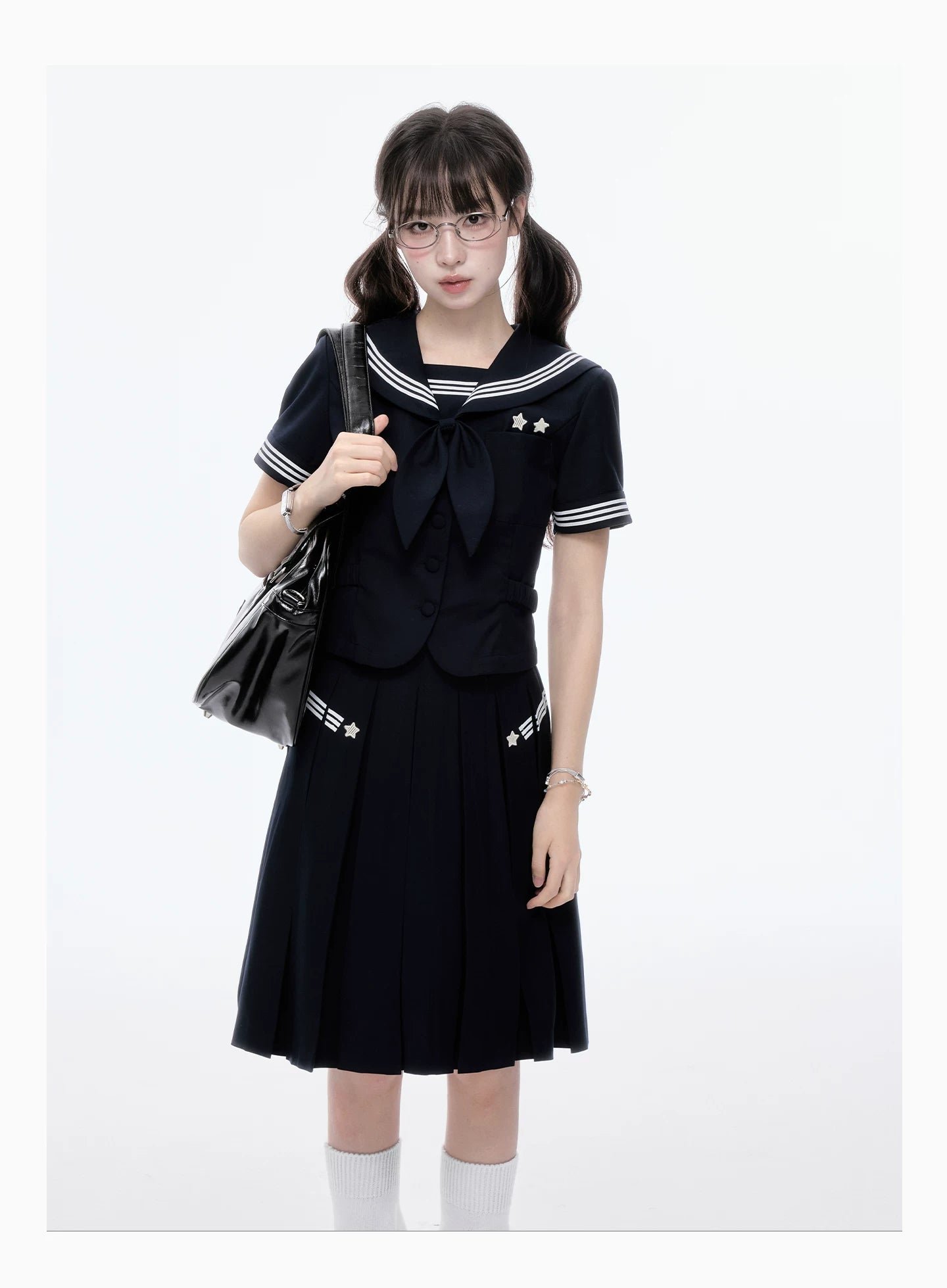 "Evening Star" Navy Sailor Uniform Collection (Sailor Blouse with Scarf / Pleated Midi Skirt)