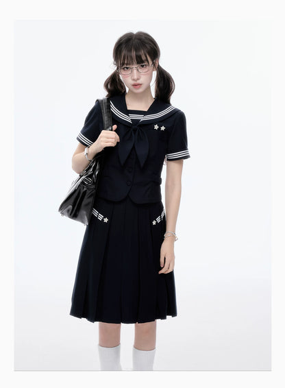 "Evening Star" Navy Sailor Uniform Collection (Sailor Blouse with Scarf / Pleated Midi Skirt)