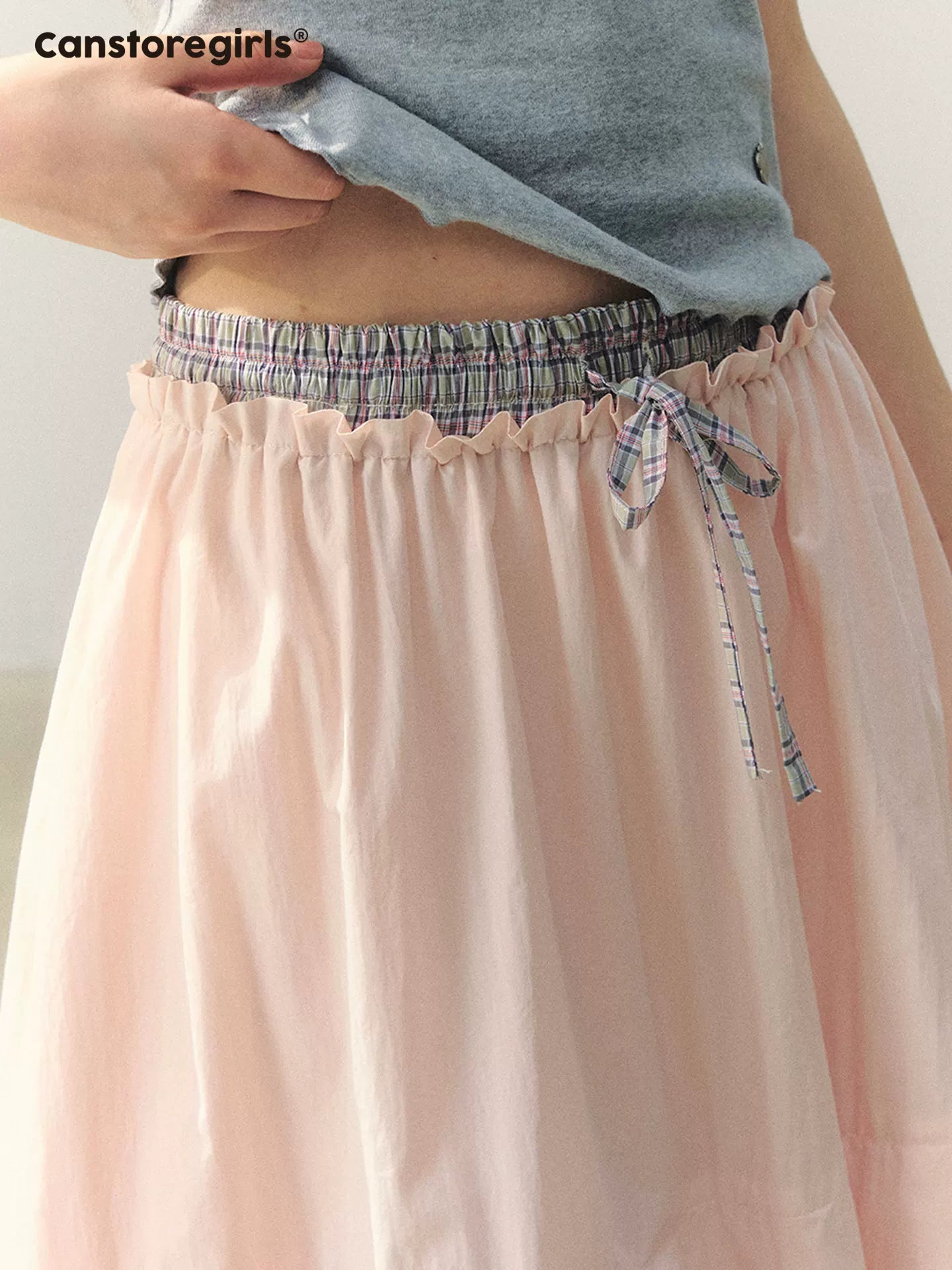 "Milky Peach Plaid Roll" Pleated Hem A-line Midi Skirt WW2026055