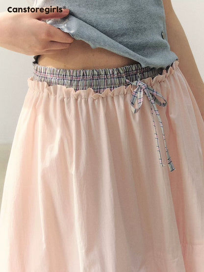 "Milky Peach Plaid Roll" Pleated Hem A-line Midi Skirt WW2026055