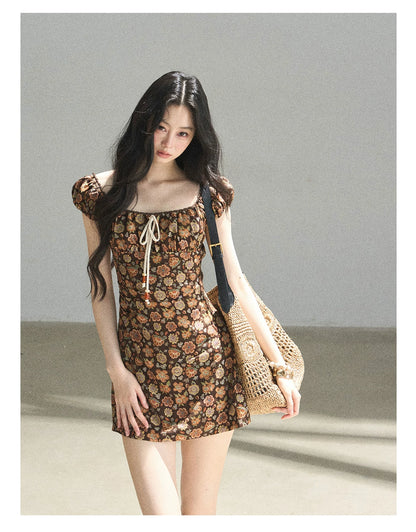 "Wildflowers & Freedom" Mocha Mousse Floral Puff Sleeve Mini Dress