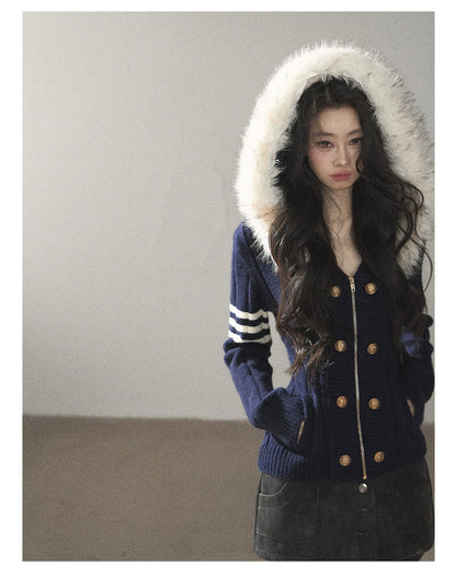 AOMALM - Blue Hooded Cable-Knit Sweater Jacket with White Stripes