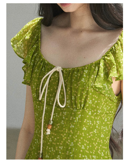 "Emerald Breeze" Primrose Green Floral Chiffon Mini Dress
