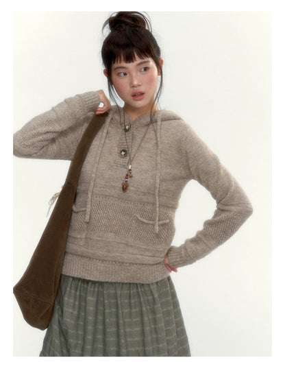 Oatmeal Ribbed-Hem Hooded Knit Sweater
