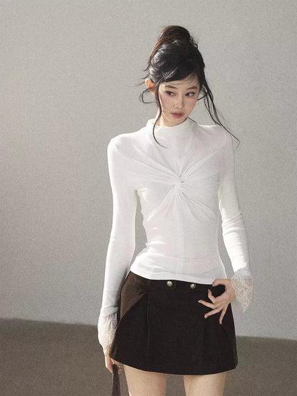 AOMALM - “Pleated Afterglow” Creamy Almond Twist-Front Mock Neck Long-Sleeve Top