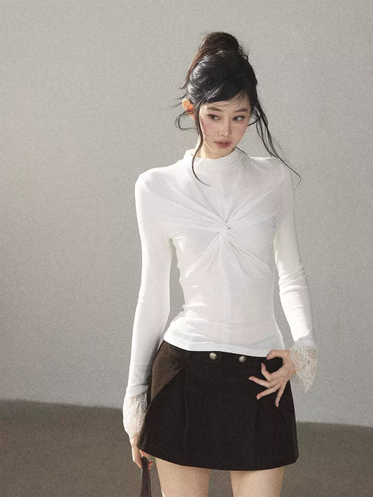 AOMALM - “Pleated Afterglow” Creamy Almond Twist-Front Mock Neck Long-Sleeve Top