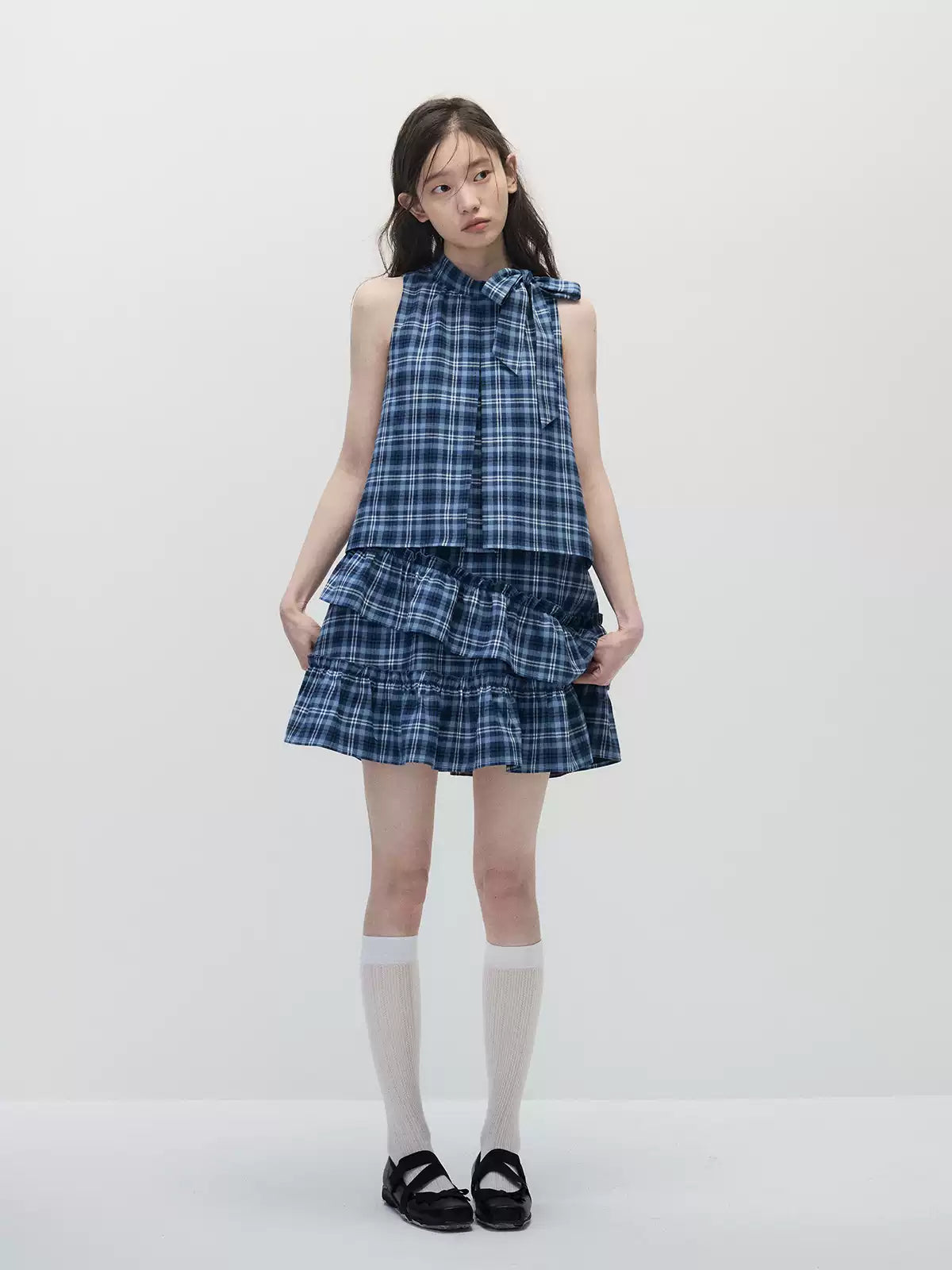 Blue Plaid Sleeveless Tiered Midi Dress with Ruffle Trim