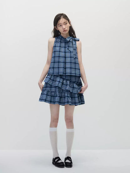 Blue Plaid Sleeveless Tiered Midi Dress with Ruffle Trim