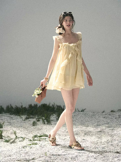 “Tenderly Entwined” Soft Butter Yellow Ruffle Babydoll Dress 4563543