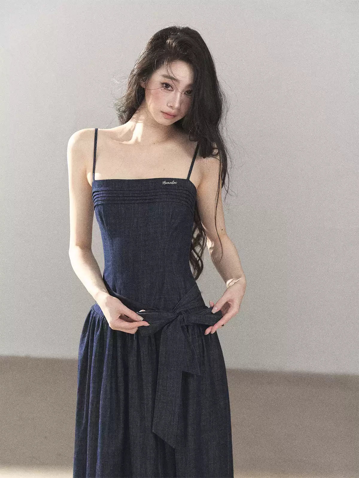 AOMALM - Navy Denim Long Dress with Matching Cardigan & Side Slit
