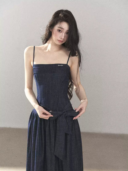 AOMALM - Navy Denim Long Dress with Matching Cardigan & Side Slit