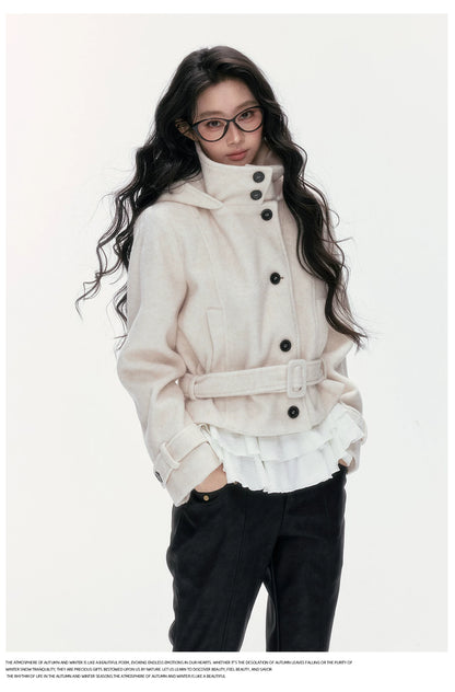 24olvides - Beige Hooded Wool-Blend Coat with Waist Belt