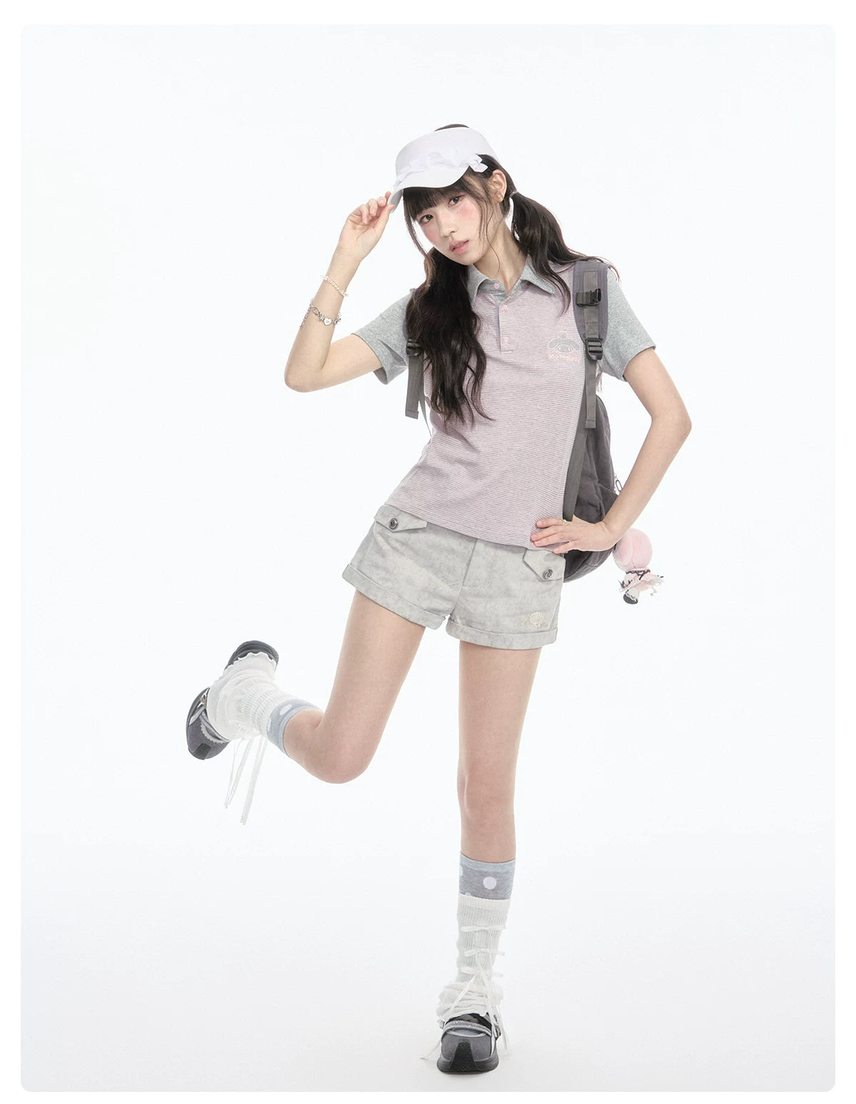 Contrast Stripe Light Gray Pink Polo Collar Short Sleeve Top / Shorts