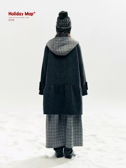 "Snowfall Polka" Charcoal Polka Dot Wool-Blend Midi Skirt