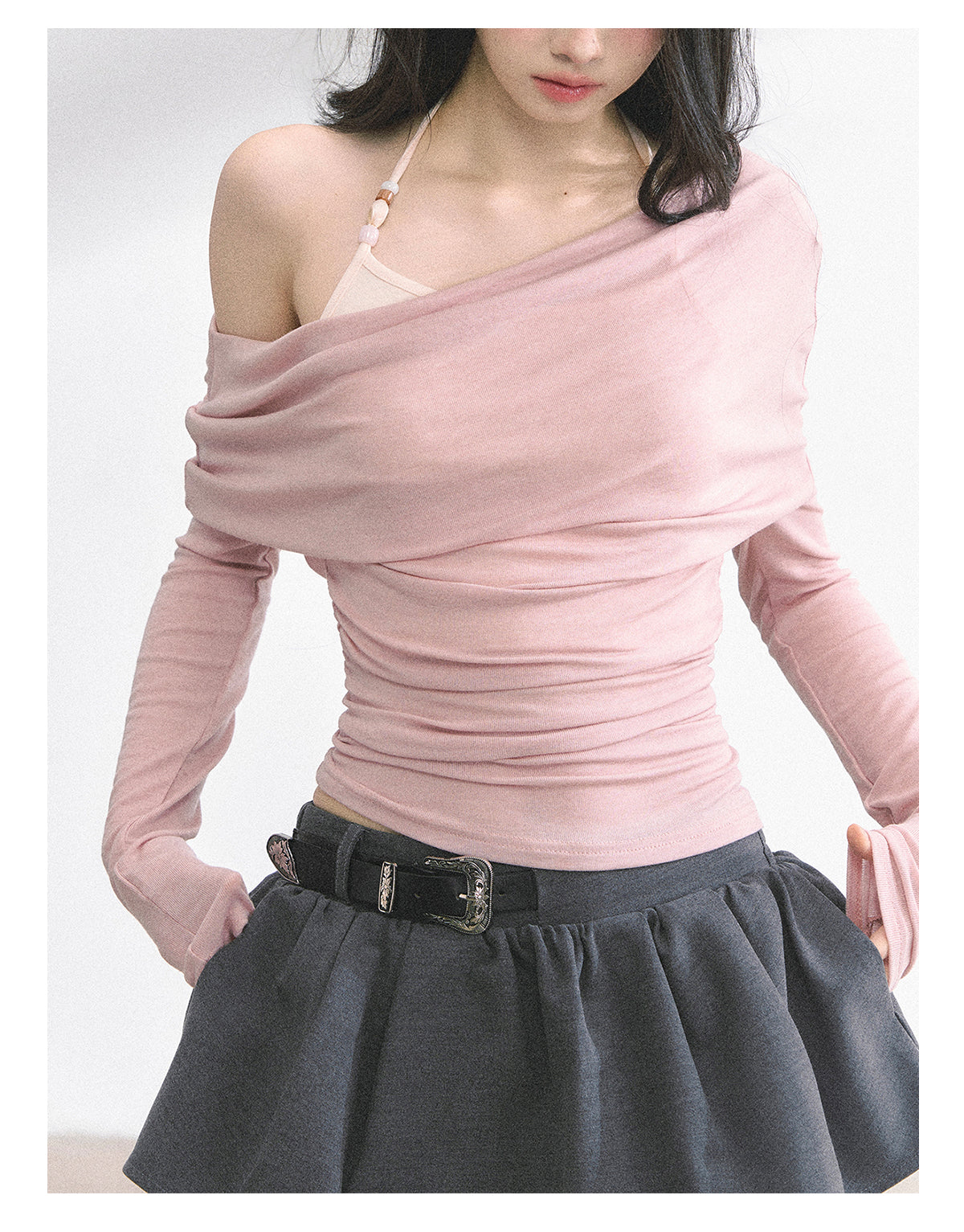 少也眼 "Soft Whisper" Korean Asymmetric Dual-Layer Off-Shoulder Top - Pink