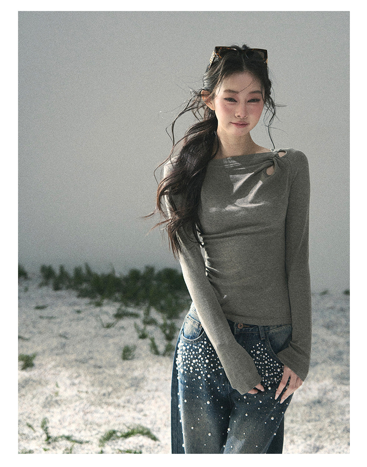 “Silent Verse” Ash Gray Asymmetrical Twist Top