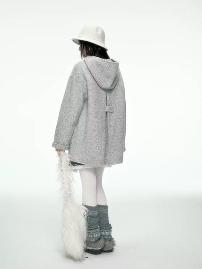 BIBIBENCY - Gray Wool-Blend Single-Breasted Coat (With White Scarf)