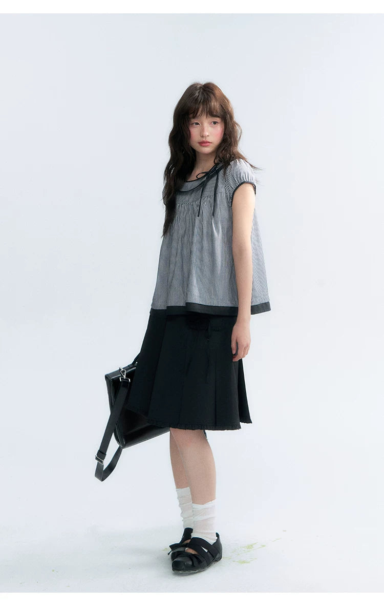 "Black Toast" Black Stripe Asymmetrical Collar Babydoll Blouse