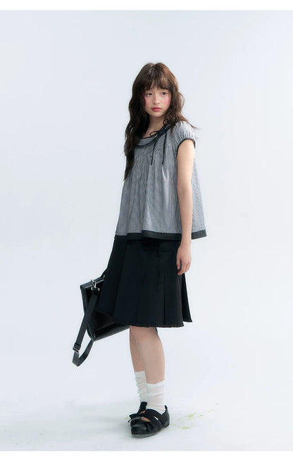 "Black Toast" Black Stripe Asymmetrical Collar Babydoll Blouse