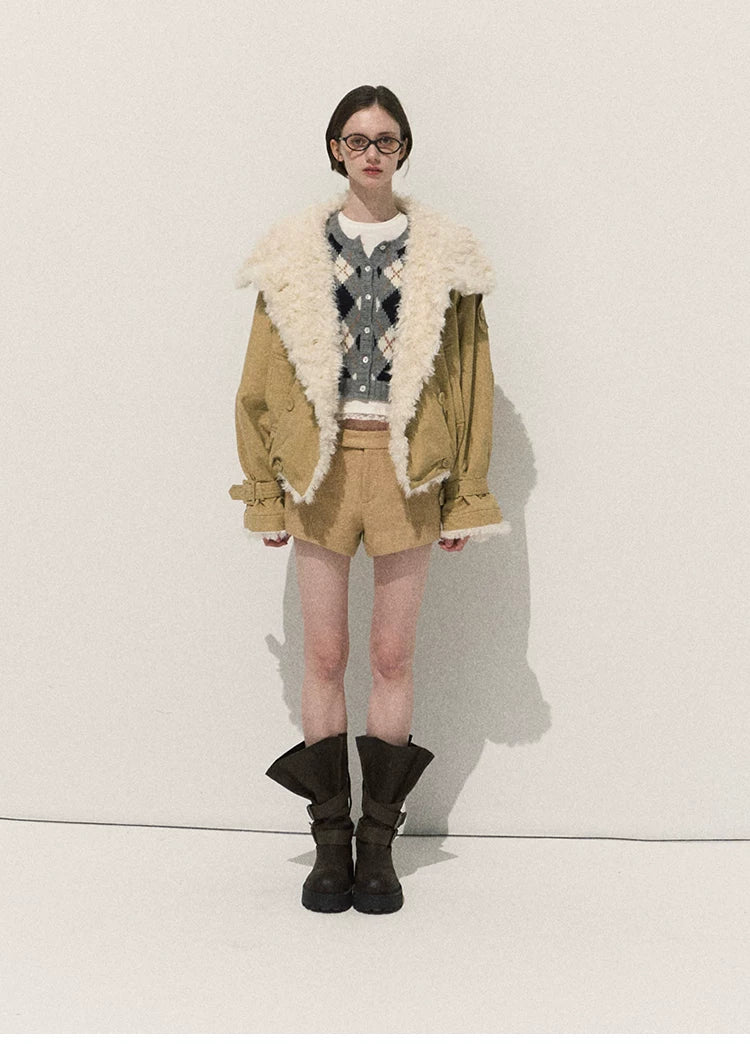 OAKMOO/ Cropped Faux Leather Shearling-Collar Jacket (Rich Black / Hazelnut Khaki)