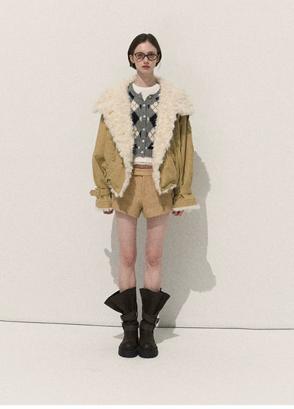 OAKMOO/ Cropped Faux Leather Shearling-Collar Jacket (Rich Black / Hazelnut Khaki)