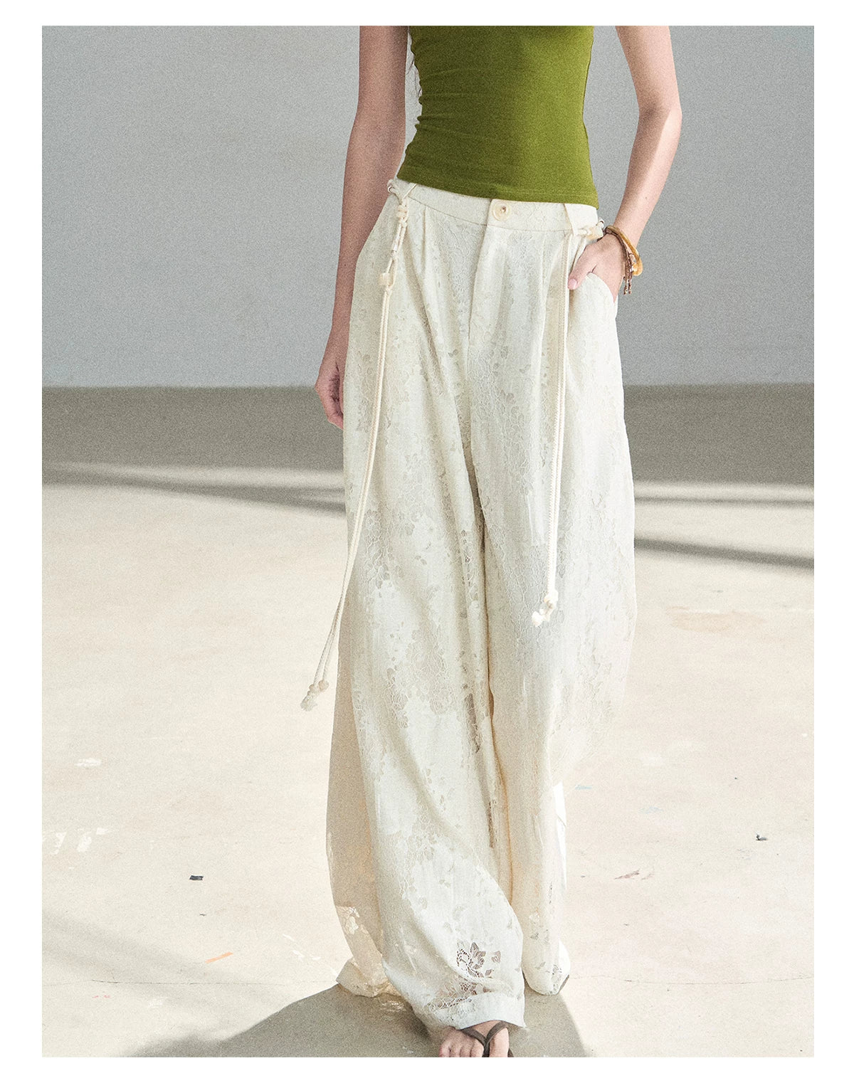 "A Love Letter to Sunlight" Dutch Cream Lace Wide-Leg Pants (With Matching Waist Rope)