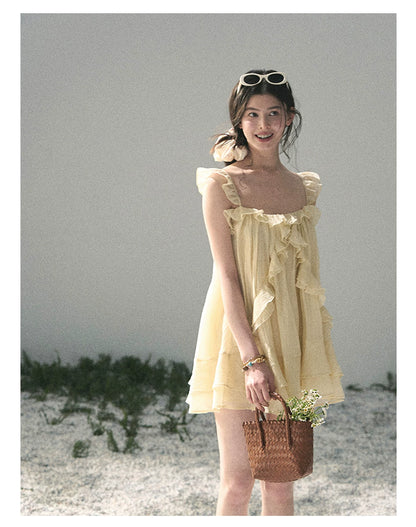 “Tenderly Entwined” Soft Butter Yellow Ruffle Babydoll Dress 4563543