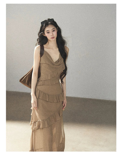 AOMALM - Cinnamon Gray-Brown Ruffle Chiffon Maxi Dress
