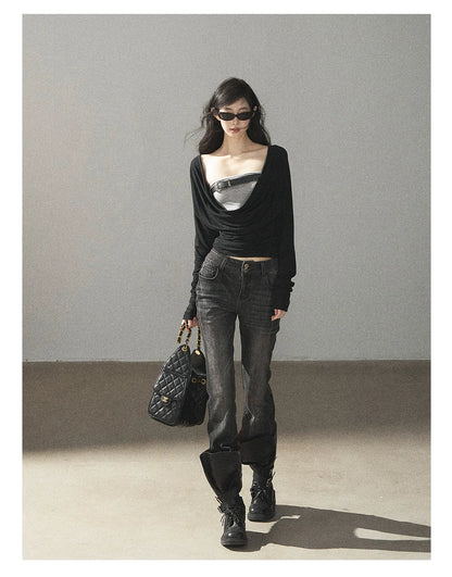 AOMALM - “Her Shoreline” American Vintage Slim Flare Jeans (Rock Black / Vintage Blue)