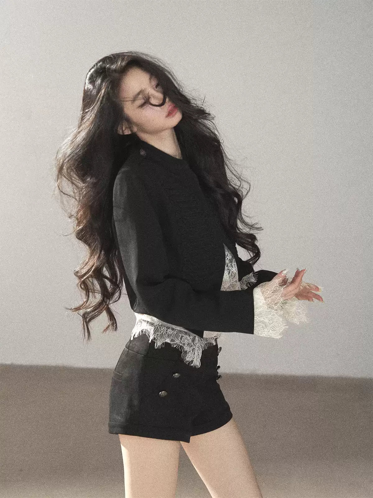 AOMALM - Black Lace Trim Cropped Jacket & Shorts Set
