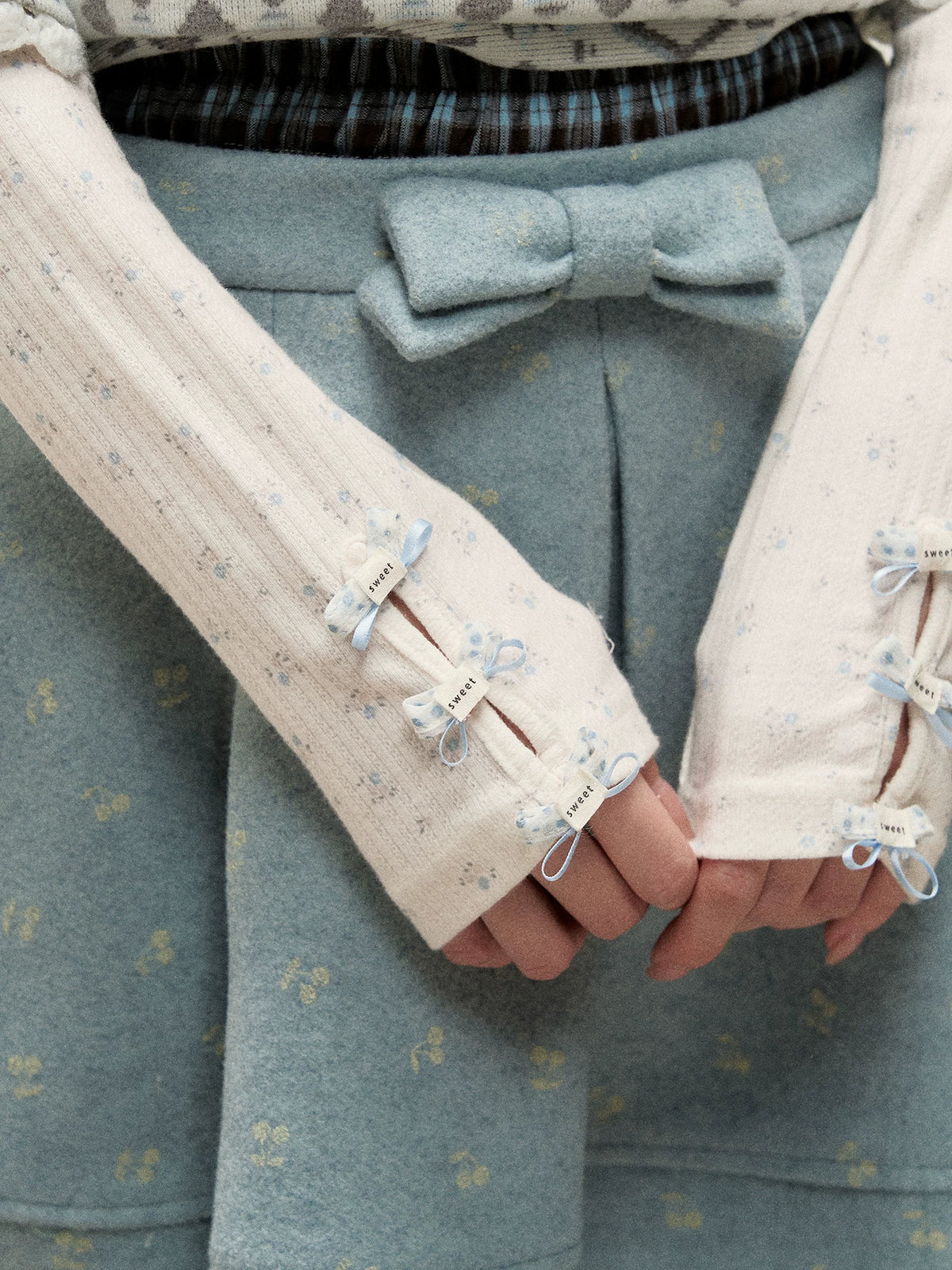[RF] Frost Mist Blue Floral Jacquard A-Line Midi Skirt with Plaid Waistband