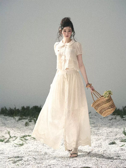"Apricot Blossom After Rain" Dutch Cheese Lace Blouse & Maxi Skirt Set 532453