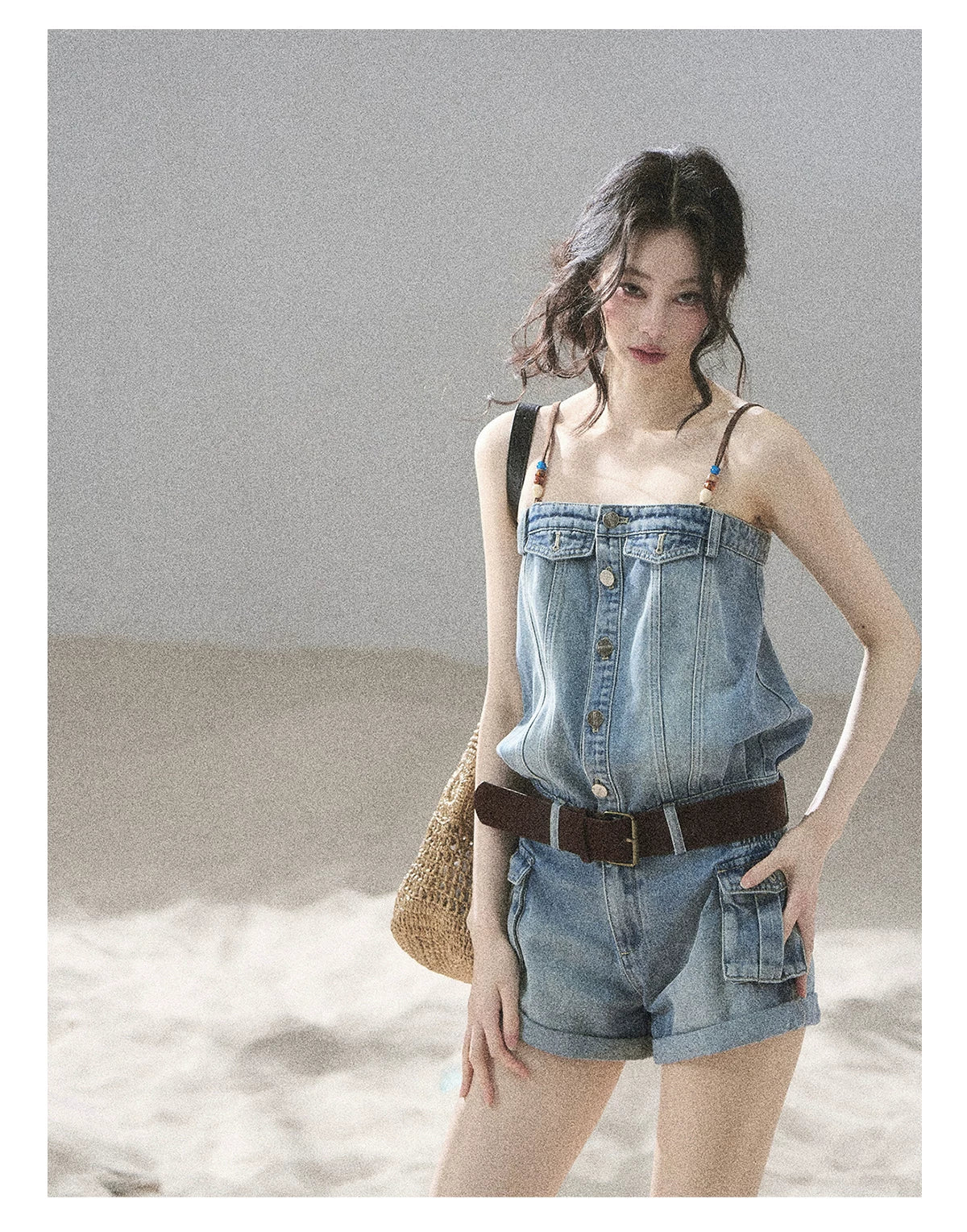 "A Walk by the Sea" Collegiate Blue Denim Utility Romper (With Belt)