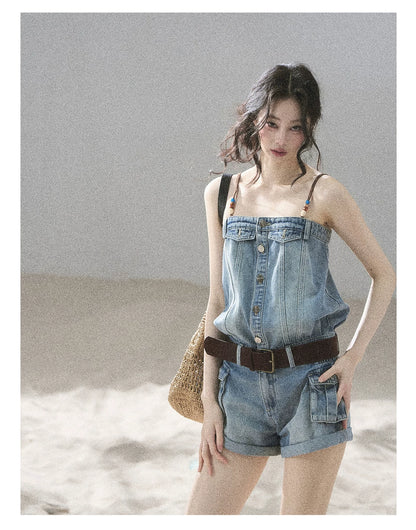 "A Walk by the Sea" Collegiate Blue Denim Utility Romper (With Belt)